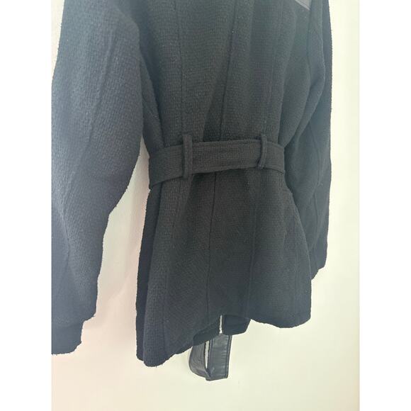 Guess Black Wool Blend Coat Large Faux Leather Shoulder Zip Up Fall Jacket - Picture 7 of 8